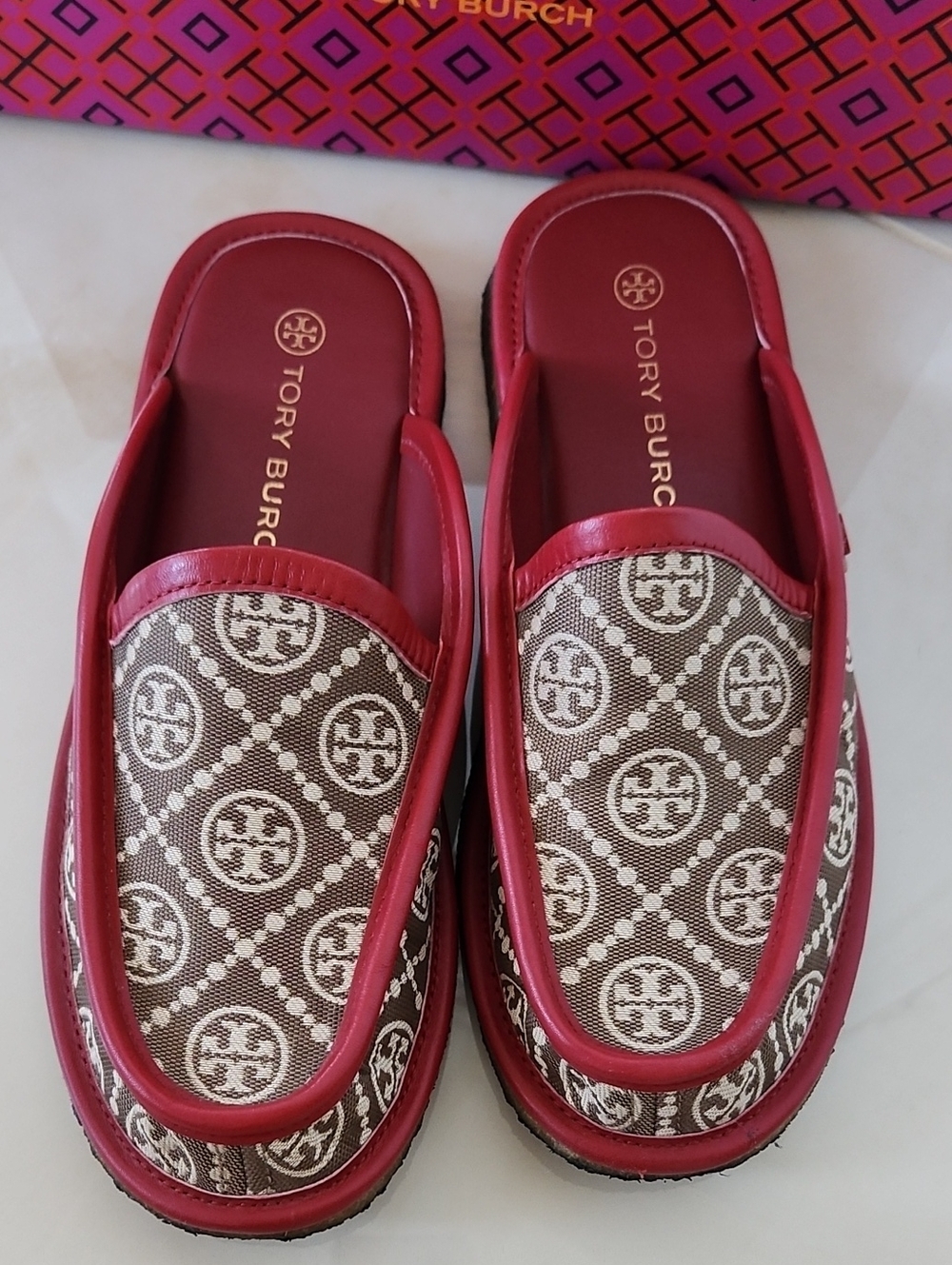 Tory Burch Red and Brown Mules with Distinctive Design - Picture 1 of 9